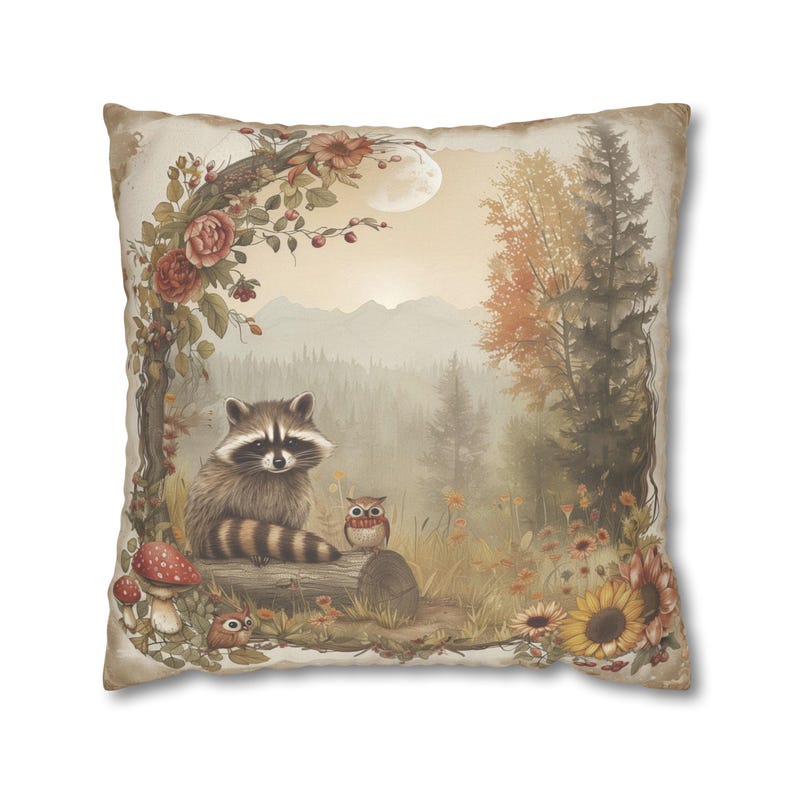 May include: A decorative throw pillow with a whimsical illustration of a raccoon, an owl, and a mushroom in a forest setting. The background features a misty forest with a full moon and a floral border.
