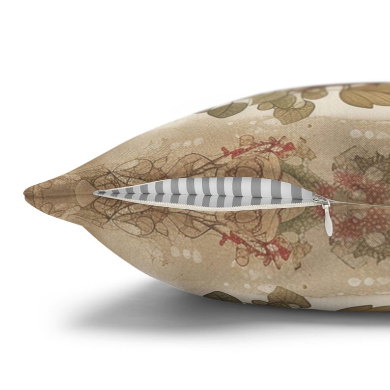 May include: A decorative throw pillow with a vintage floral pattern in shades of brown, red, and green. The pillow has a zipper closure and a white and gray striped lining.