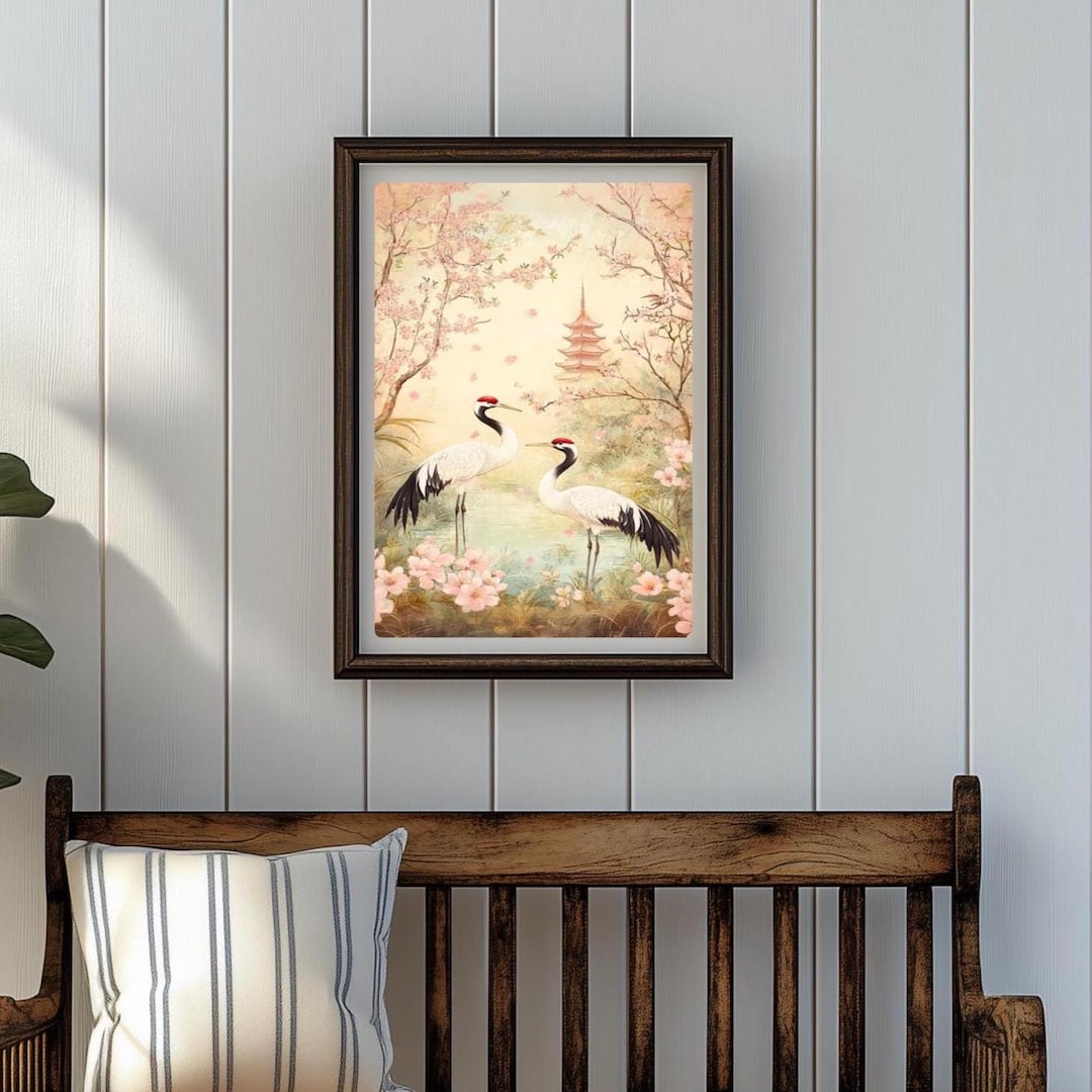 Japanese Crane and Cherry Blossom Art Print: Asian Pagoda Home Decor - Etsy