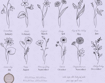 Machine Embroidery File for Birth Month Flowers, all 12 months in multiple sizes and formats