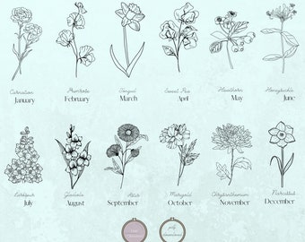 Hand Embroidery patterns of birth Month Flowers for Beginner to Advanced all 12 month with less common flowers