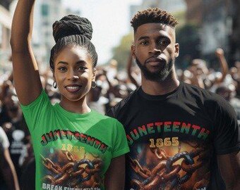 May include: Two people wearing t-shirts with the text "Juneteenth 1865 Break Every Chain Celebration". The woman wears a green shirt, and the man wears a black shirt. Both shirts feature a graphic of chains.