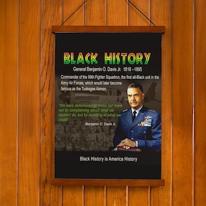 Può includere: Un poster incorniciato con le parole "BLACK HISTORY" in verde e giallo. Il poster presenta un ritratto del generale Benjamin O. Davis Jr. e un testo sulla sua vita e sui suoi successi, incluso il suo ruolo di comandante del 99° Squadrone da caccia.