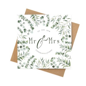 Carte de mariage de félicitations botaniques feuilles vertes eucalyptus | cartes de vœux de mariage carrées | Cartes de mariage Mr et Mme Félicitations