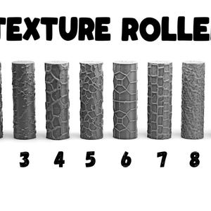 Op de afbeelding: Tien cilindrische textuurrollers met verschillende patronen, waaronder baksteen-, geometrische en organische ontwerpen. De tekst "TEXTURE ROLLERS" staat boven de rollers, met de nummers 1 tot en met 10 eronder.