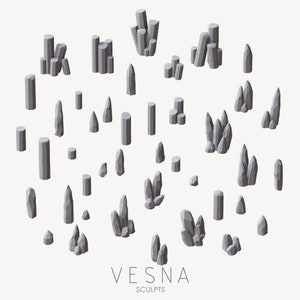 May include: A collection of 30 gray geometric crystal shapes and pillars. The crystals are in various sizes and shapes, some are tall and thin, others are short and wide. The pillars are all the same size and shape. The crystals and pillars are all made of a smooth, gray material. The image is labeled "VESNA SCULPTS".