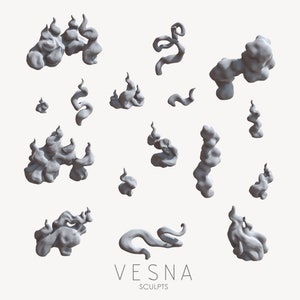 Puede incluir: Una colección de 15 formas abstractas esculpidas en 3D de color gris que se asemejan a humo o nubes. Las formas están dispuestas en un patrón aleatorio sobre un fondo blanco. El texto "VESNA SCULPTS" está en la parte inferior de la imagen.
