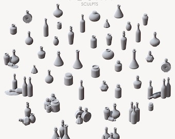 May include: A collection of 3D printed gray ceramic bottles and jars of various shapes and sizes. The bottles and jars are arranged in a circular pattern on a white background. The text "VESNA SCULPTS" is at the top of the image.