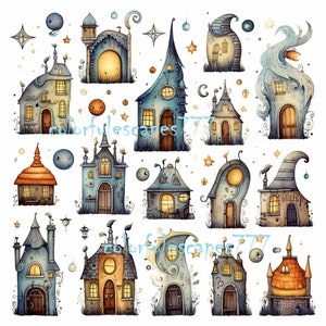 WHIMSICAL HOUSES PNG Clipart paper craft supplies | junk journal elements vintage | quirky mixed media printable | commercial use