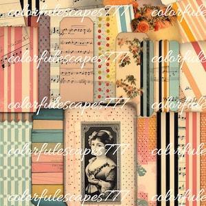 May include: A digital collage sheet with vintage-style patterns and images. The sheet includes stripes, polka dots, floral designs, and a portrait of a woman. The sheet is perfect for scrapbooking, card making, and other paper crafts.