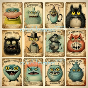 Monsters Cartoon Style Fussy Cut, 30+ PC Whimsical, Wydrukowane obrazy do scrapbookingu, Arkusz kolażu w stylu wiktoriańskim, Antyczna lalka papierowa"