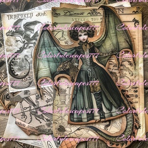 Fantasy Junk Journal Kit (Printable JPG Pages with Ephemera, Cover, Bookmark, Tags), Grimoire Magic, Dragon Digital Paper, Digital Download