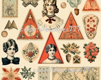 May include: A vintage collage of images featuring a woman with a flower crown, a butterfly, a triangle with a circle inside, a flower in a vase, a plant in a pot, and a geometric design. The collage is in a vintage style with a cream background and a variety of colors.