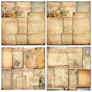May include: A digital collage sheet with a vintage aesthetic. The sheet features various textures and patterns, including old paper, handwritten notes, and floral illustrations. The sheet is perfect for scrapbooking, card making, and other paper crafts.