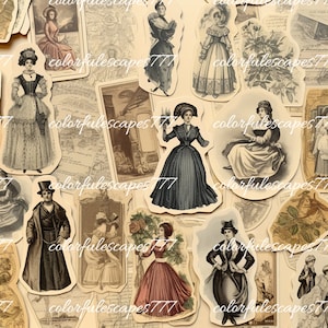 Dimensional stickers Fussy Cut | 30+ pc | digital junk journal ephemera, printable scrapbook images, collage sheet, antique paper doll