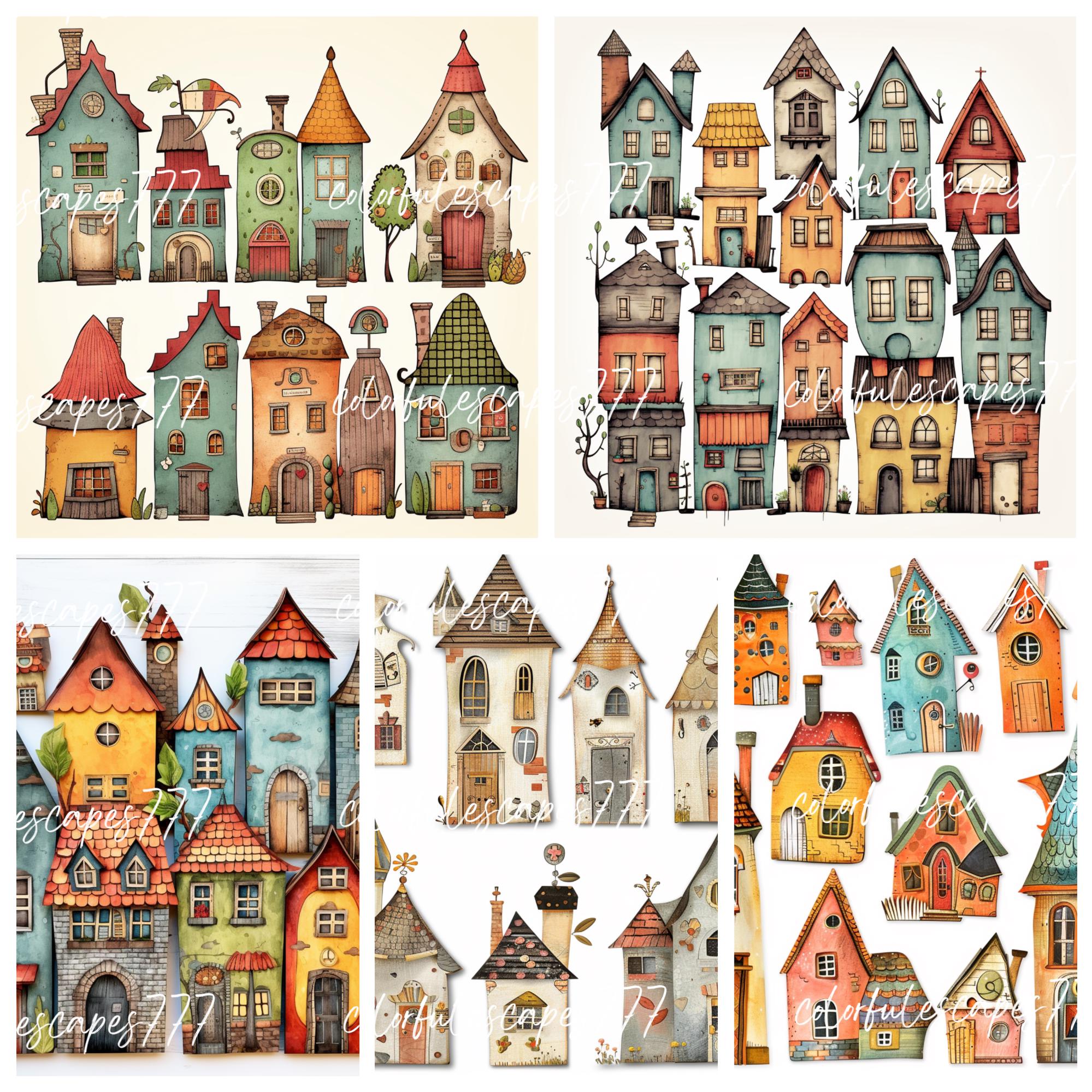 whimsical-houses-png-clipart-paper-craft-supplies-junk-journal-elements-vintage-quirky-mixed-media-printable-whimsical-folk-art-ff4-etsy