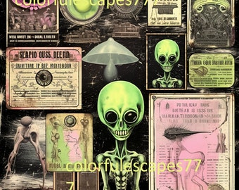 Alien Junk Journal Pages | Extraterrestrial Scrapbook Kit (Digital Download)