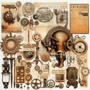 May include: A collection of vintage steampunk-style gears, cogs, and other metal objects, including a large, round, brass-colored gear with a clock face, a smaller gear with a clock face, and a large, round, brass-colored gear with a clock face. The objects are arranged on a white background.
