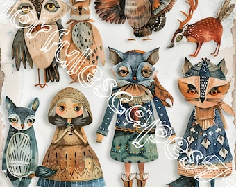 ANIMAL Paper Dolls digital altered art colorable Articulated Digital collage sheet for journal page scrapbook diary art printable pp476