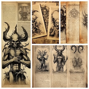 Pode incluir: Uma coleção de ilustrações vintage em preto e branco que retratam várias figuras demoníacas. As ilustrações são impressas em papel envelhecido com uma estética antiga e desgastada. As imagens apresentam criaturas com chifres, figuras esqueléticas e outros seres sobrenaturais.