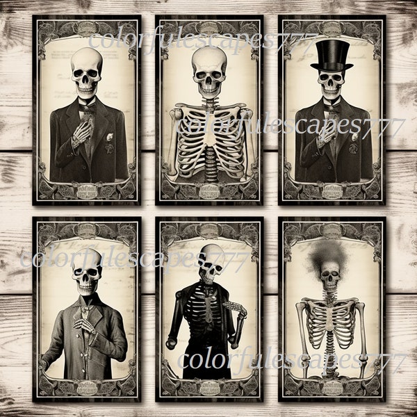 Printable Gothic Skeleton Cards Collage Sheet - Instant Download - 5x7 Inch for Steampunk, Gothic, and Art Journaling, Crafts, Scrapbooking