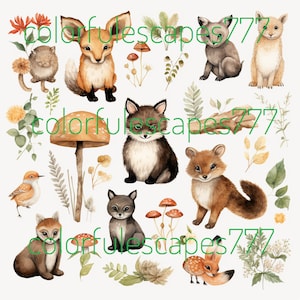 woodland animals, woodland clipart, watercolor clip art, vintage clipart, digital fussy cut, forest animals PNG,fox bear bunny deer,hedgehog