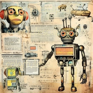 May include: A vintage-style illustration featuring two robots. One robot is humanoid with large, round eyes and a red, white and blue colour scheme. The other robot is a more mechanical design with a large, orange screen and a silver, black and red colour scheme. The background is a collage of text and images.