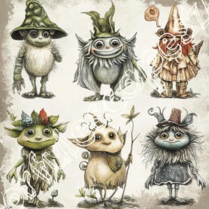 May include: A collection of six whimsical, illustrated creatures with various colors, textures, and expressions. Each creature has unique features, including hats, leafy crowns, and a variety of facial expressions. The creatures are depicted against a light beige background.