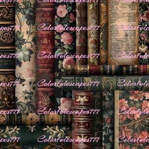 Book Junk Journal Kit (Printable JPG Pages with Ephemera, Cover, Tags, Bookmarks), Dark Academia, Library Digital Paper, Digital Download