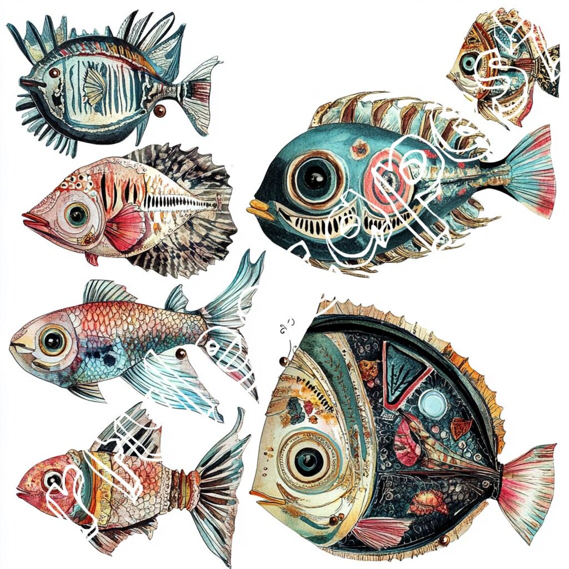 Abstract Fish Paper Dolls, Colorable Art Printable (digital Download ...