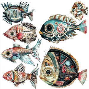 May include: Six colorful, detailed, and intricate fish illustrations with various patterns and textures. The fish are painted in shades of blue, green, red, and white.