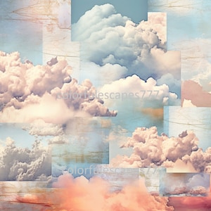 Könnte beinhalten: Eine Collage aus Bildern mit verschiedenen, fluffigen Wolken in Rosa-, Weiß- und Blautönen vor einem hellblauen Himmel. Die Bilder sind in einem Raster angeordnet und haben einen Vintage-Look mit Textur.