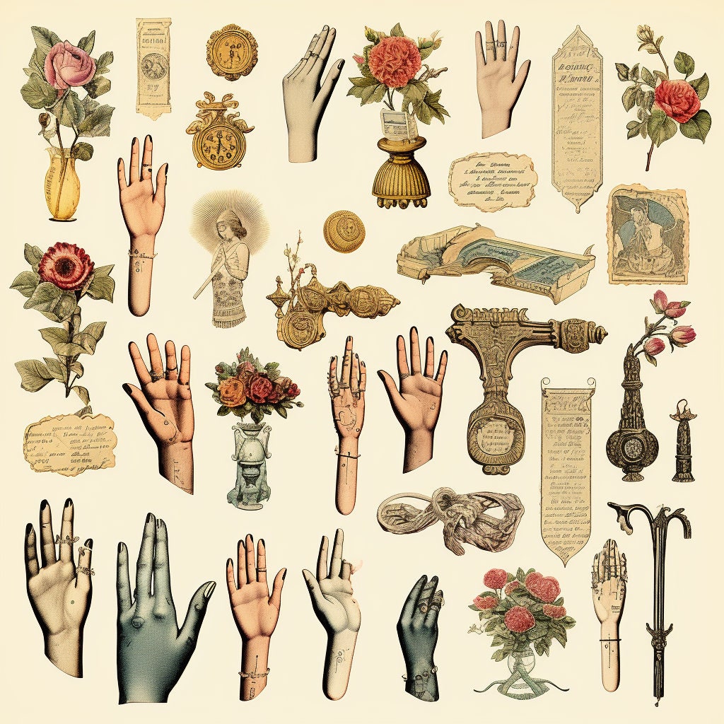 Vintage Hand Ephemera | 200 + pc | pointing hand clipart, printable victorian junk journal set, digital scrapbook images, palm collage sheet