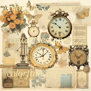 May include: A vintage collage featuring antique clocks, butterflies, and floral elements. The clocks have Roman numeral faces and are set against a background of old paper and handwritten text.