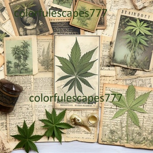 Cannabis-Themed Junk Journal | Printable collage sheet, digital marijuana scrapbook kit, hemp-inspired motifs, laid-back