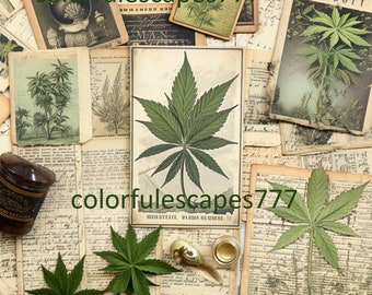 Cannabis-Themed Junk Journal | Printable collage sheet, digital marijuana scrapbook kit, hemp-inspired motifs, laid-back