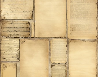 Può includere: Un collage di texture di carta vintage con testo scritto a mano e note musicali. Le carte hanno un aspetto usurato e invecchiato, con tonalità marroni e crema.