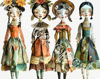 Puede incluir: Cuatro muñecas de papel con vestidos coloridos y detalles florales. Cada muñeca tiene un peinado y rasgos faciales únicos. Las muñecas están de pie en fila sobre un fondo blanco.