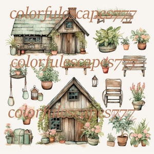 Gardening clip art, greenhouse, flowers, cottagecore, watercolor alcohol ink