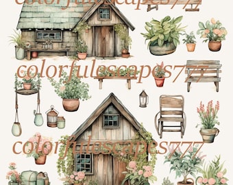 Clipart ogrodniczy, szklarnia, kwiaty, cottagecore, tusz alkoholowy akwarelowy