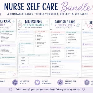 Könnte beinhalten: Ein Bundle aus vier druckbaren Selbstpflege-Seiten für Krankenschwestern, mit dem Text "Nurse Self Care Bundle". Die Seiten umfassen einen Check-in, einen Planer, eine Checkliste und ein Reflexionsblatt. Die Seiten sind im US Letter-Format, 21,59 x 27,94 cm.