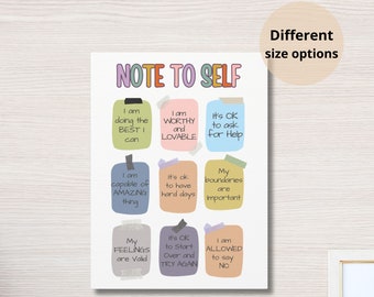 May include: A printable poster with a light blue background and the text "NOTE TO SELF" in rainbow colors. The poster is divided into nine squares, each with a different affirmation written in black text on a colored background. The affirmations include "I am doing the best I can", "I am worthy and lovable", "It's OK to ask for help", "I am capable of amazing things", "It's OK to have hard days", "My boundaries are important", "My feelings are valid", "It's OK to start over and try again", and "I am allowed to say no".