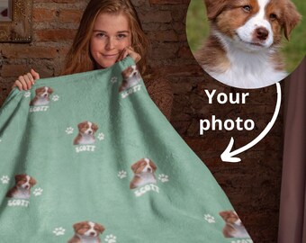 Custom Pet Blanket, Personalized Dog Blanket with Paw Print, Cat Blanket, Customized Dog Photo Blanket, Memorial Pet Face Loss Keepsake Gift