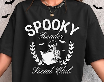 Shirt griezelige lezer, leesshirt skelet, Halloween-shirt, cadeau boekenliefhebber, boekenliefhebber Halloween, leesgrage Halloween-shirt, spookachtig seizoen