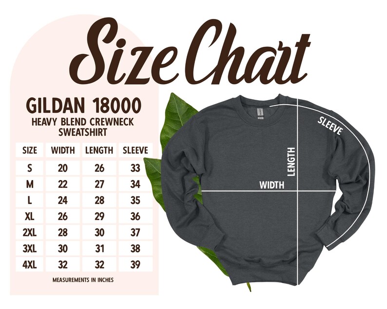 May include: A dark gray Gildan 18000 heavy blend crewneck sweatshirt with a size chart. The chart shows measurements in inches for sizes S to 4XL, including width, length, and sleeve length. The text "Size Chart" is at the top.