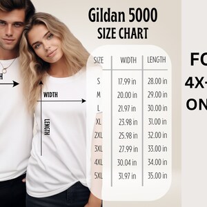 Op de afbeelding: Gildan 5000 maattabel voor maten 4X-5X. De tabel toont de breedte- en lengtemaat in inches voor elke maat: S, M, L, XL, 2XL, 3XL, 4XL en 5XL.