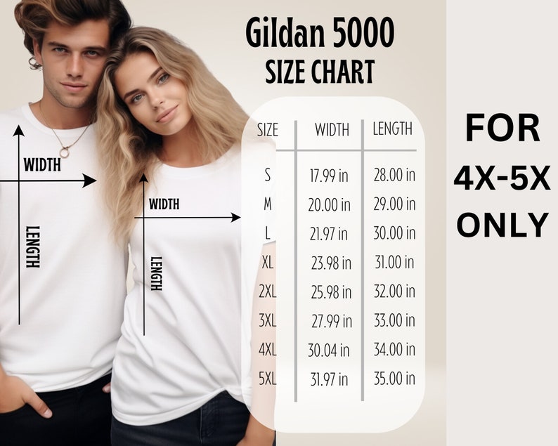 Op de afbeelding: Gildan 5000 maattabel voor maten 4X-5X. De tabel toont de breedte- en lengtemaat in inches voor elke maat: S, M, L, XL, 2XL, 3XL, 4XL en 5XL.