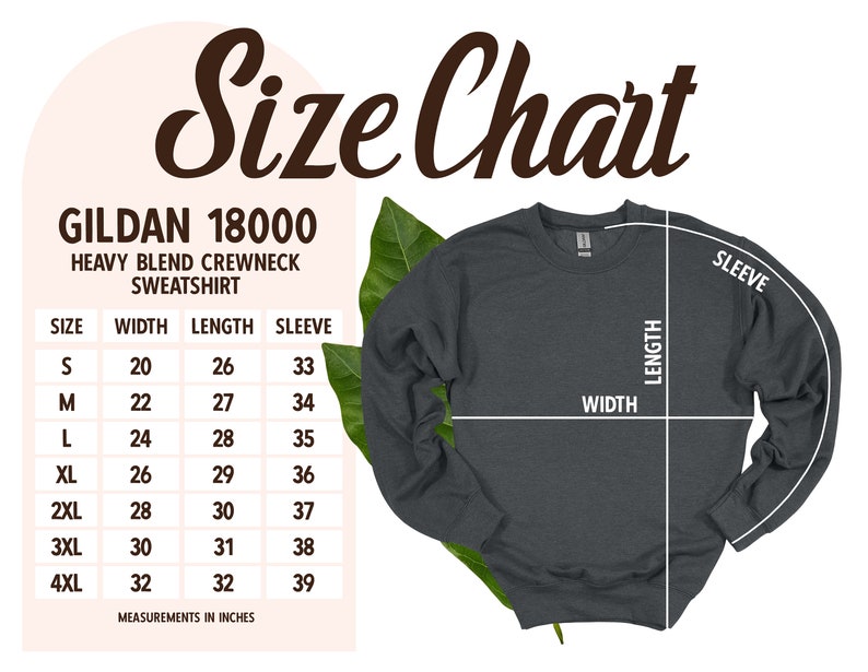 Op de afbeelding: Maattabel voor een Gildan 18000 heavy blend crewneck sweatshirt. De tabel toont de afmetingen in inches voor breedte, lengte en mouwlengte voor maten S tot en met 4XL.