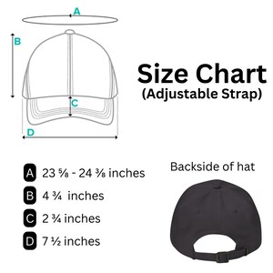 May include: A size chart for a baseball cap with measurements in inches. The chart shows the dimensions of the cap, including the circumference, height, brim width, and strap length. The image also shows a black baseball cap from the back.
