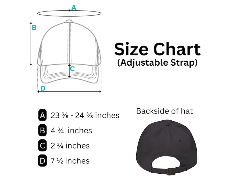 May include: A size chart for a baseball cap with measurements in inches. The chart shows the dimensions of the cap, including the circumference, height, brim width, and strap length. The image also shows a black baseball cap from the back.